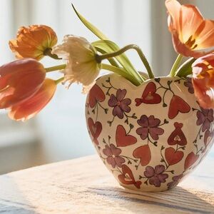Anthropologie Stoneware Heart and Floral Vase